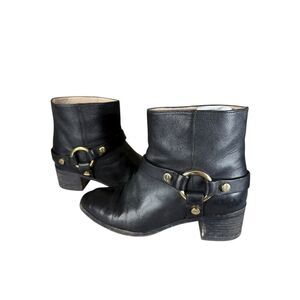 Stuart Weitzman Black Leather Harness Ankle Boots Size 7 Gold Hardware